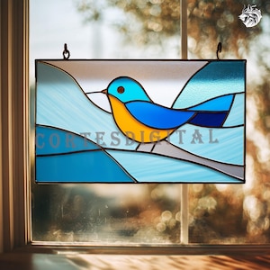 May include: Stained glass panel featuring a blue and yellow bird perched on a branch. The bird is set against a backdrop of blue and white glass, with the text "CORTESDIGITAL" visible. The panel is rectangular and has a black border.
