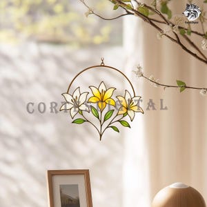Lily Flower Stained Glass Pattern PDF | Metal Hoop Floral Suncatcher Design | DIY Yellow & White Lily Window Hanging, Instant Download
