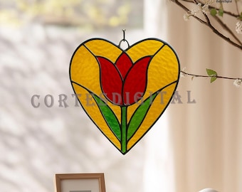 Tulip Heart Stained Glass Pattern, Heart Suncatcher Template, Valentine Decor, Instant Download (PDF PNG SVG, PA166)