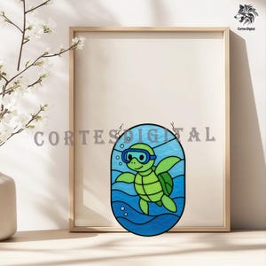 Sea Turtle Stained Glass Pattern PDF – Cute Swimming Turtle with Goggles Suncatcher Template – Digital Download for DIY Glass Art
