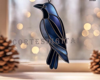 Raven Stained Glass Pattern, Gothic Crow Suncatcher Template, Mystical Bird Window Hanging Design, Instant Download SVG PDF PNG (N5.BI46)