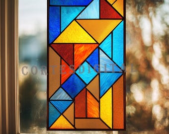 Geometric Stained Glass Pattern, Rectangular Modern Suncatcher Design, Color Block Glass Window Panel, Beginner DIY Glass Art (N5.GE101)
