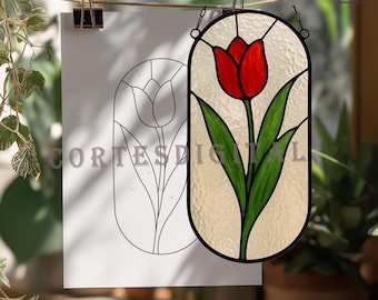 Red Tulip Stained Glass Pattern, Simple Floral Suncatcher Template, Elegant Window Hanging Design PDF PNG SVG Download (Number N5.PA61)
