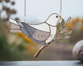 BI95 - Dove Stained Glass Pattern, Peace Bird Suncatcher Template, Diy Window Hanging Glass Art Design (PDF SVG PNG)