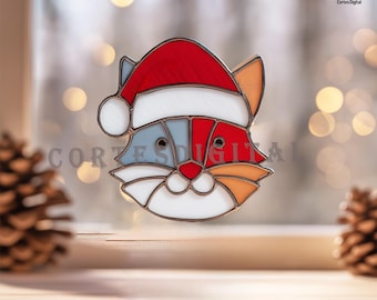 Christmas Cat with Santa Hat Stained Glass Pattern, Holiday Suncatcher Template, Instant Download PDF PNG SVG (N5AN179)