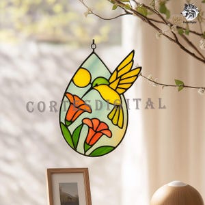 Hummingbird teardrop Stained Glass Pattern | Trumpet Suncatcher Template | DIY Printable PDF | Beginner Stained Glass| Summer Window Decor