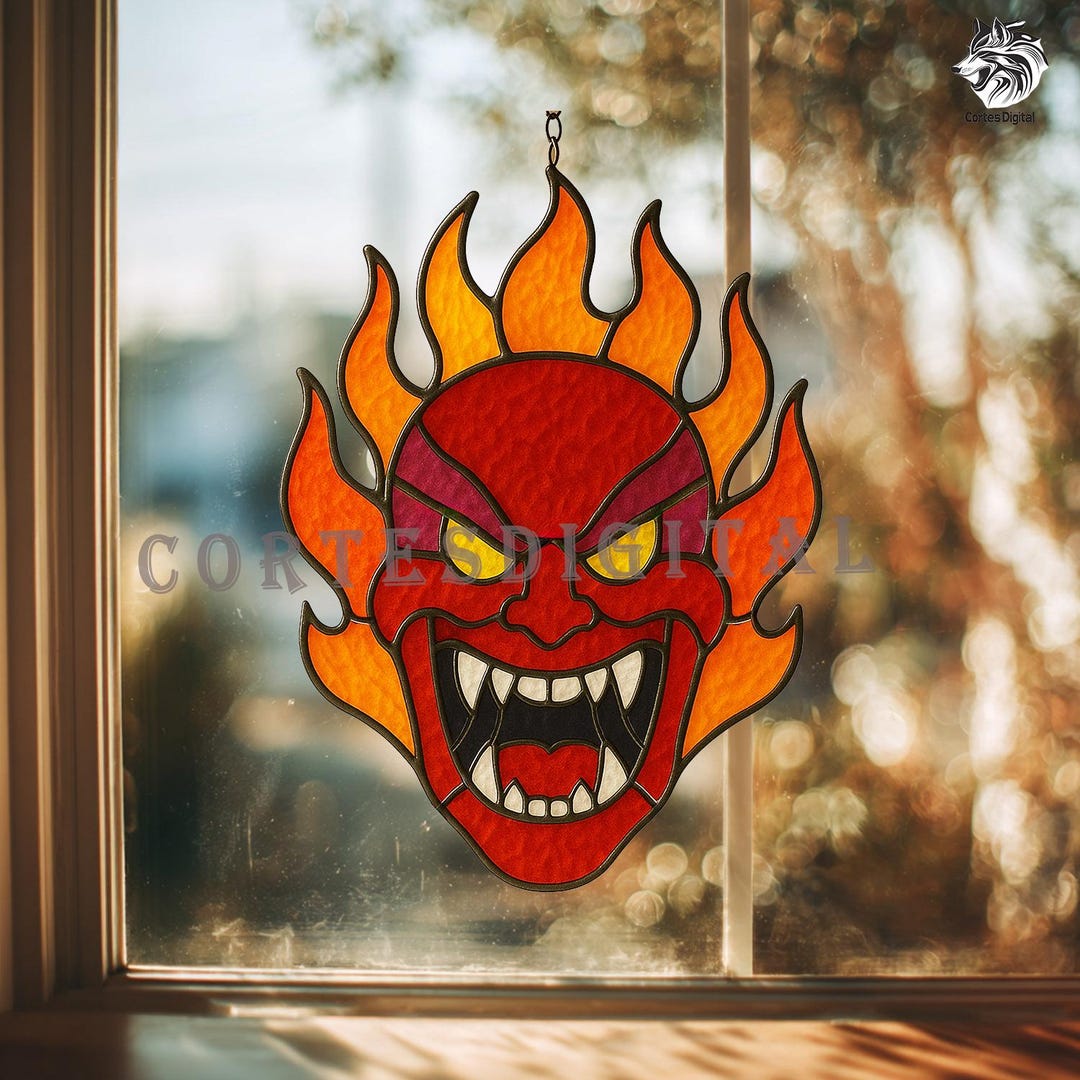 Copy Monster Pattern Glass Flame Demon Stained Glass Pattern, Fiery Monster Face Suncatcher ...
