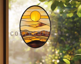 Motif ovale de vitrail coucher de soleil, attrape-soleil soleil et montagne, modèle de bricolage convivial pour les débutants, téléchargement numérique, art du verre à fenêtre