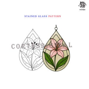 pink lily flower teardrop panel Stained Glass Pattern – Yellow sunflower Suncatcher – DIY Summer Window Hanging Glass Art Template