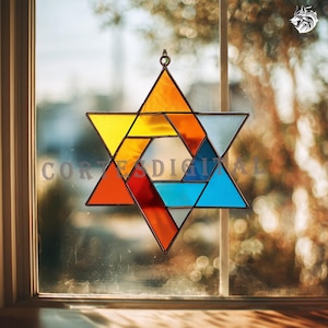 May include: A stained glass Star of David in a window. The star is made of coloured glass pieces, including yellow, orange, red, blue, and white. The text "CORTES DIGITAL" is visible. The window frame is brown.