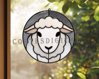 Modello di vetrata con pecore, simpatico modello di acchiappasole con animali da fattoria, fai da te per appendere finestre rotonde, download immediato PDF PNG (N5.AN146)
