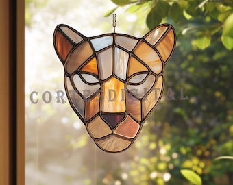 Big Cat Stained Glass Pattern PDF PNG, Leopard / Panther Head Suncatcher Template, Geometric Wild Cat Design (N5.AN229)