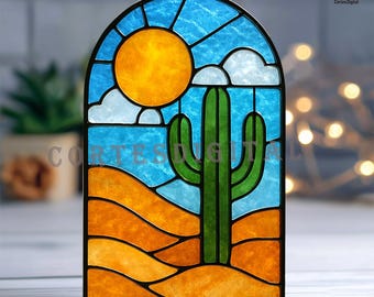 Cactus Stained Glass Pattern PDF, Desert Landscape Template, Window Panel Glass Art Design (N5.PLA33)