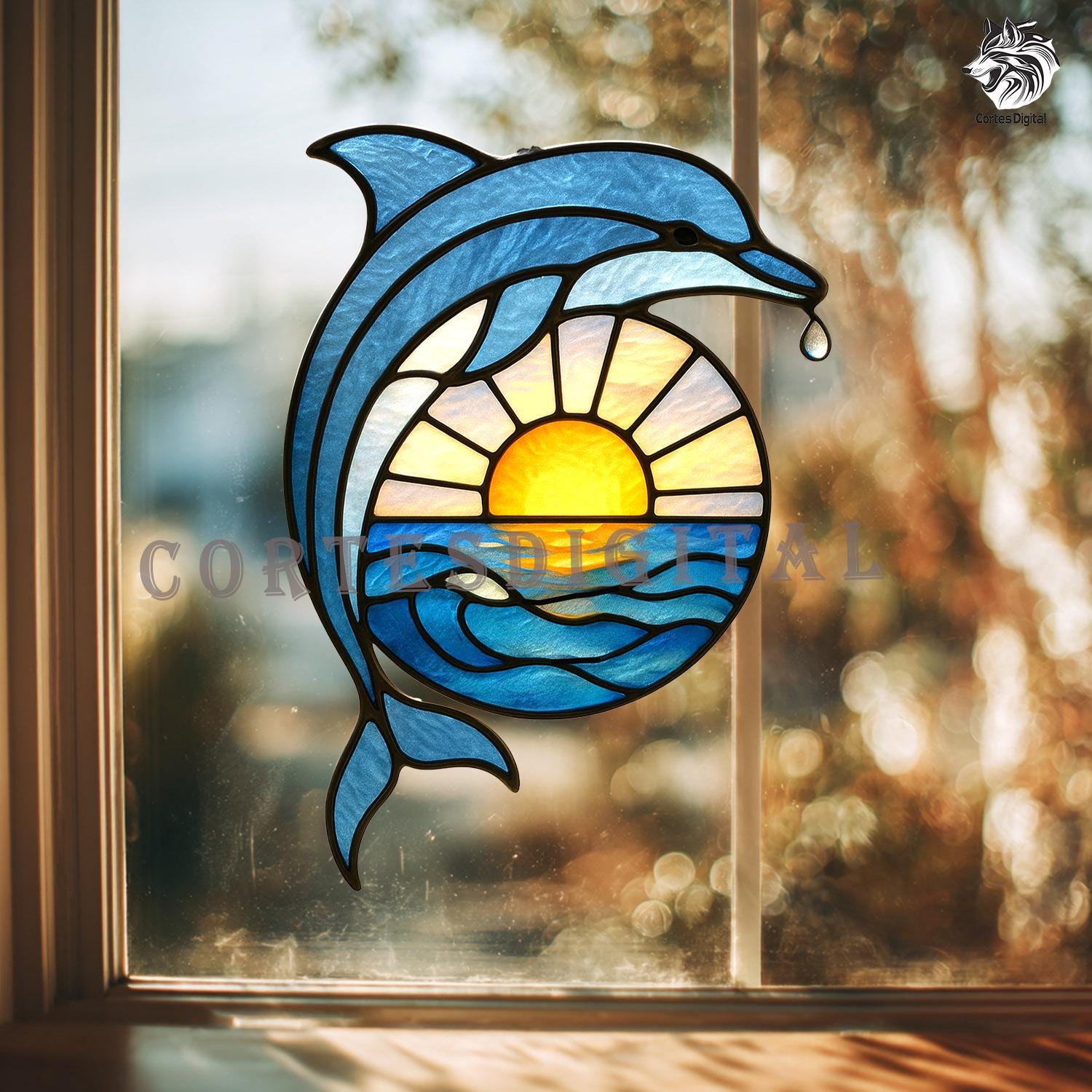 イルカのステンドグラス模様 | 夕焼けの海のサンキャッチャーデザイン