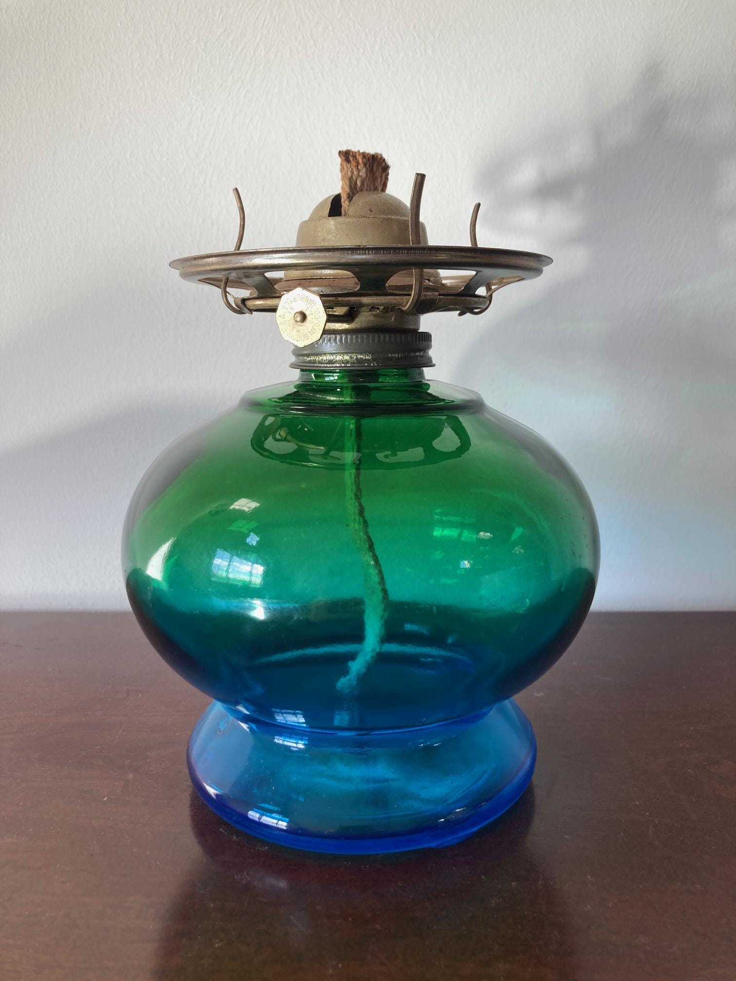 Vintage P&A Risdon Oil Lamp – Danbury Blue-green Glass With  Vintage P & A Risdon Green Glass Oil Lamp Base With Burner And Chimney main image 1