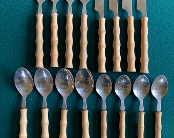 Vintage Lifetime Cutlery Stainless Taiwan 16 Piece Set Wood Handles Tiki Style