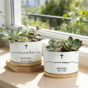 Personalized Name Cross Baptism Gift, Ceramic White Pot With Wood Base, First Holy Communion Planter, Modern Neutral Nursery Decor