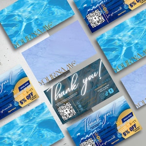 Bearbeitbares QR-Blaugold Visitenkartenvorlage Design Dankeschön-Karte Promo-Karte digital bedruckbare Karte doppelseitige Karte lokales Zwei-Set-Verkauf