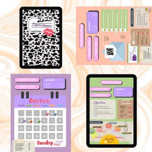 May include: A digital planner and project management templates displayed on tablets. The planner features a cow print cover with the text "2025 Project Planner" and a lip graphic. Other templates include calendars, timelines, and reminders.
