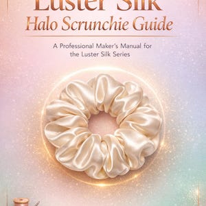 May include: A book cover titled "The Luster Silk Halo Scrunchie Guide" with a cream-colored scrunchie in the center. The cover has a soft, gradient background with gold accents and sewing-related illustrations.