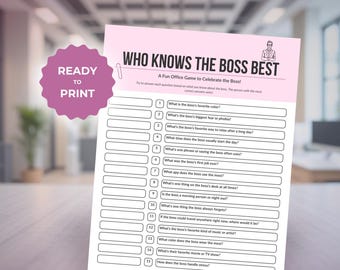 Afdrukbaar kantoorspel – wie kent de baas Beste kantooractiviteiten Teambuildingspel Werkspellen voor volwassenen Kantoorfeest