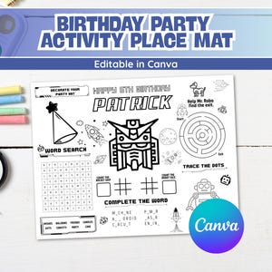 Editable Birthday Placemat Worksheet | Activity Sheet for Kids with Games & Coloring |Printable Robot Theme Placemat | Digital File