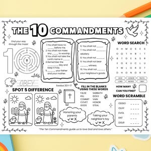 Könnte beinhalten: Schwarz-weiß-Arbeitsblatt mit "Die 10 Gebote", einem Labyrinth, einer Wortsuche und einem Worträtsel. Enthält Illustrationen von Moses und den Zehn Geboten. Bildungs- und religiöses Thema.