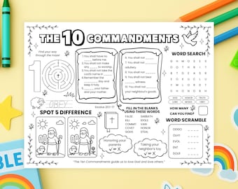 Ten Commandments Activity Placemat, Fun Christian Bible Worksheet, Sunday School Printable, Religious Learning Game