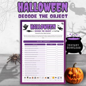 May include: A Halloween-themed printable game sheet titled "Halloween Decode the Object" with a purple and white design. Includes a carved pumpkin, a cauldron, and a spider.