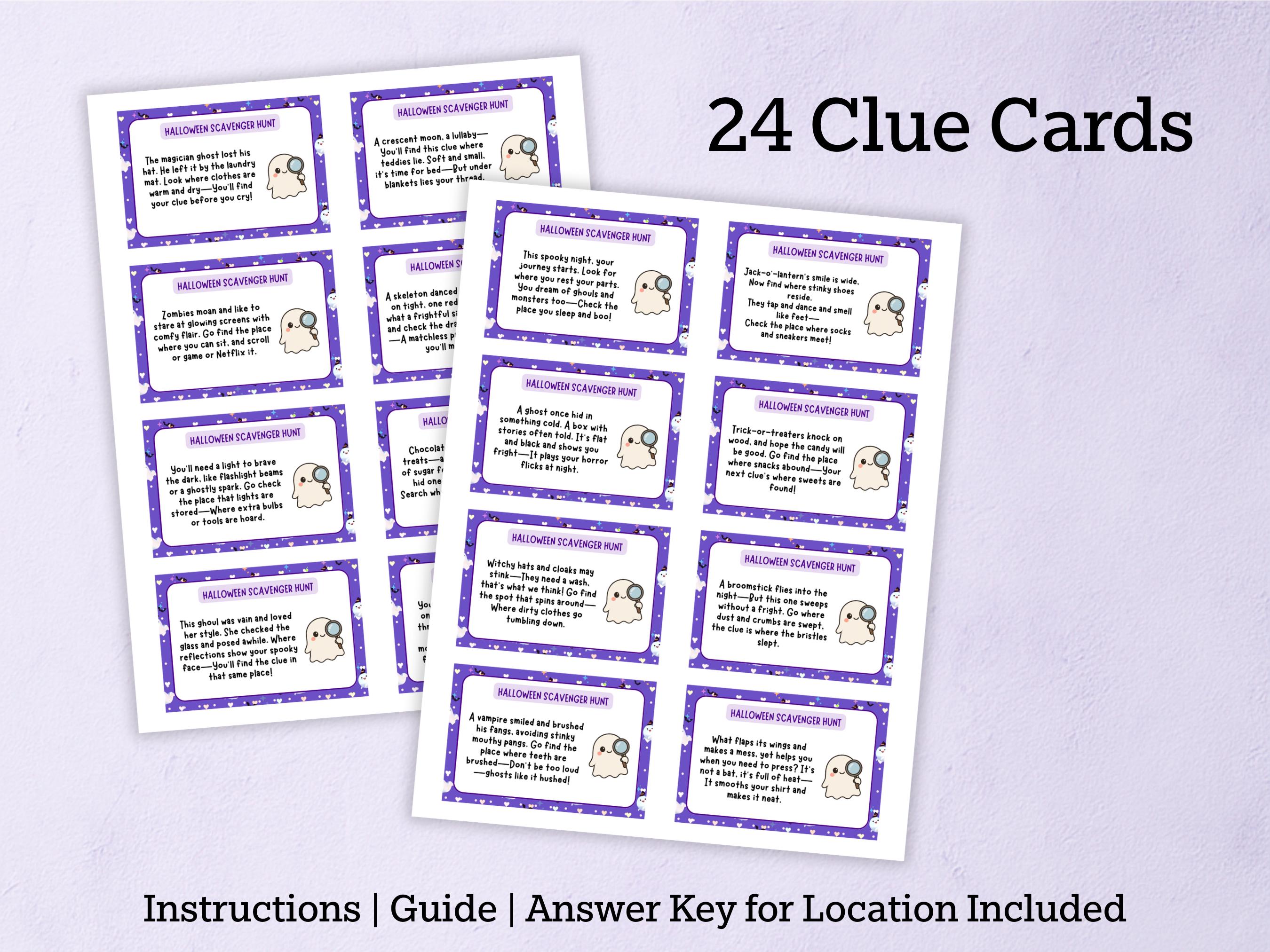 Halloween Scavenger Hunt for Kids Printable – 24 Rhyming Riddle Clue ...