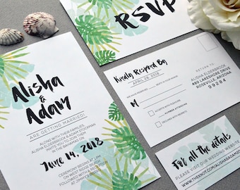 Tropical Wedding Invitations, Watercolor Wedding Pocket Invite Set, Destination Wedding Invitation Suite, Beach Wedding Invites Teal Green