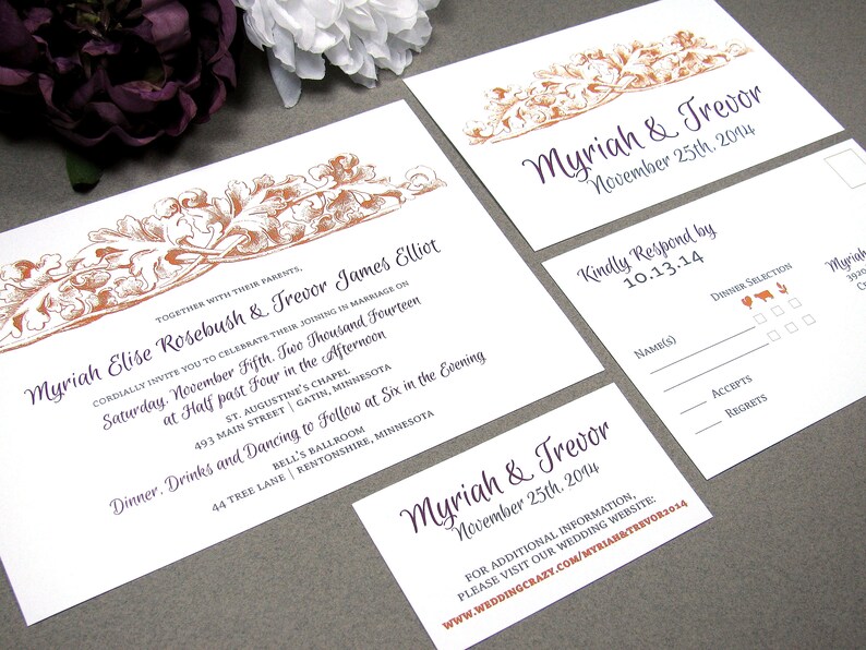 Vintage Autumn Leaves Wedding Invitation Set Runkpock Designs Etsy