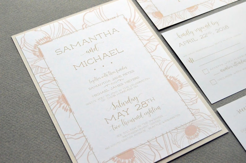 Floral Wedding Invitations Blush Pink and Champagne Wedding Etsy