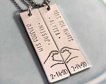 Personalized couples necklace set- name date - his forever hers for always- heart hands - gift for couple- long distance love- anniversary