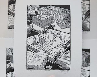 Cat Book, Original Relief Print, Black and White Vintage inspired Illustration, Cat and the Fiddle, Ex Libris Book Plate