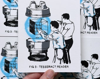 Lámina artística del lector de teseracto: ilustración científica de ficción retro