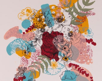 Arte de pared con ramo de flores: amapola, corazones sangrantes, narcisos y lilas.