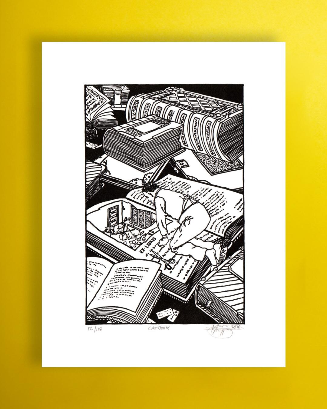Cat Book Relief Print: Black and White Vintage Illustration - Etsy