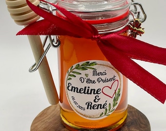 100 Gram Honey Jar for Wedding/Baptism. Personalized guest gifts with a honey spoon, ribbon, and pendant.