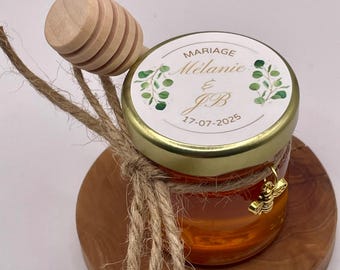 Eucalyptus Theme - Honey Pot - Wedding Favors. Personalized honey pots with a honey dipper and bee pendant.