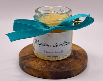 Baptism Favor Candle. 100% personalized beeswax candle with a satin ribbon and a gold bee pendant.