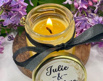 Wedding guest gifts. 100% personalized scented beeswax candle with satin ribbon and golden bee pendant.