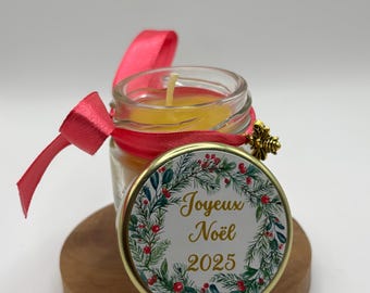 Christmas - Table decorations and Christmas gifts. 100% personalized beeswax candle with satin ribbon and bee pendant