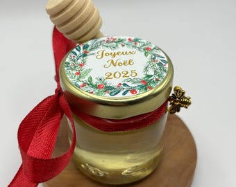 Christmas - Table decorations... Personalized honey jars with a honey dipper and a bee pendant