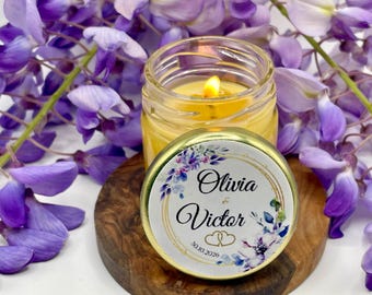 Wedding guest gifts. 100% personalized scented beeswax candle with satin ribbon and golden bee pendant.