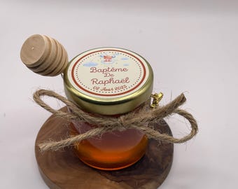 Teddy Bear Theme - Honey Pot - Baptism Favors. Personalized honey pots with honey spoon and bee pendant.