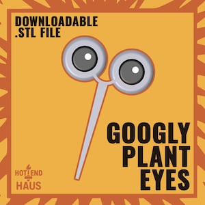May include: A pair of googly eyes on a white stem, with the text "DOWNLOADABLE .STL FILE" and "GOOGLY PLANT EYES" on a yellow background.