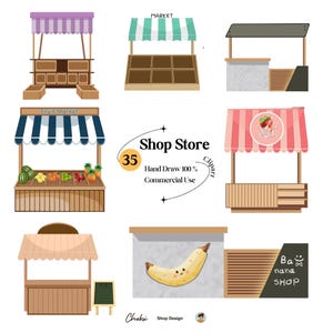Hand-Drawn Shop Clipart: Market, Buildings, Bazaar (PNG Files, Digital Download