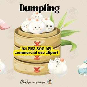 Cute Chinese Food Dumplings Clip Art, Dim Sum Clip Art, Steamed Buns Png, Dumplings in a woven bamboo steamer,digital clipart