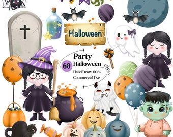 Kawaii Halloween Graphics,Pastel Spooky Clipart for Kids, Frankenstein, Witch, Ghost (Digital Download)